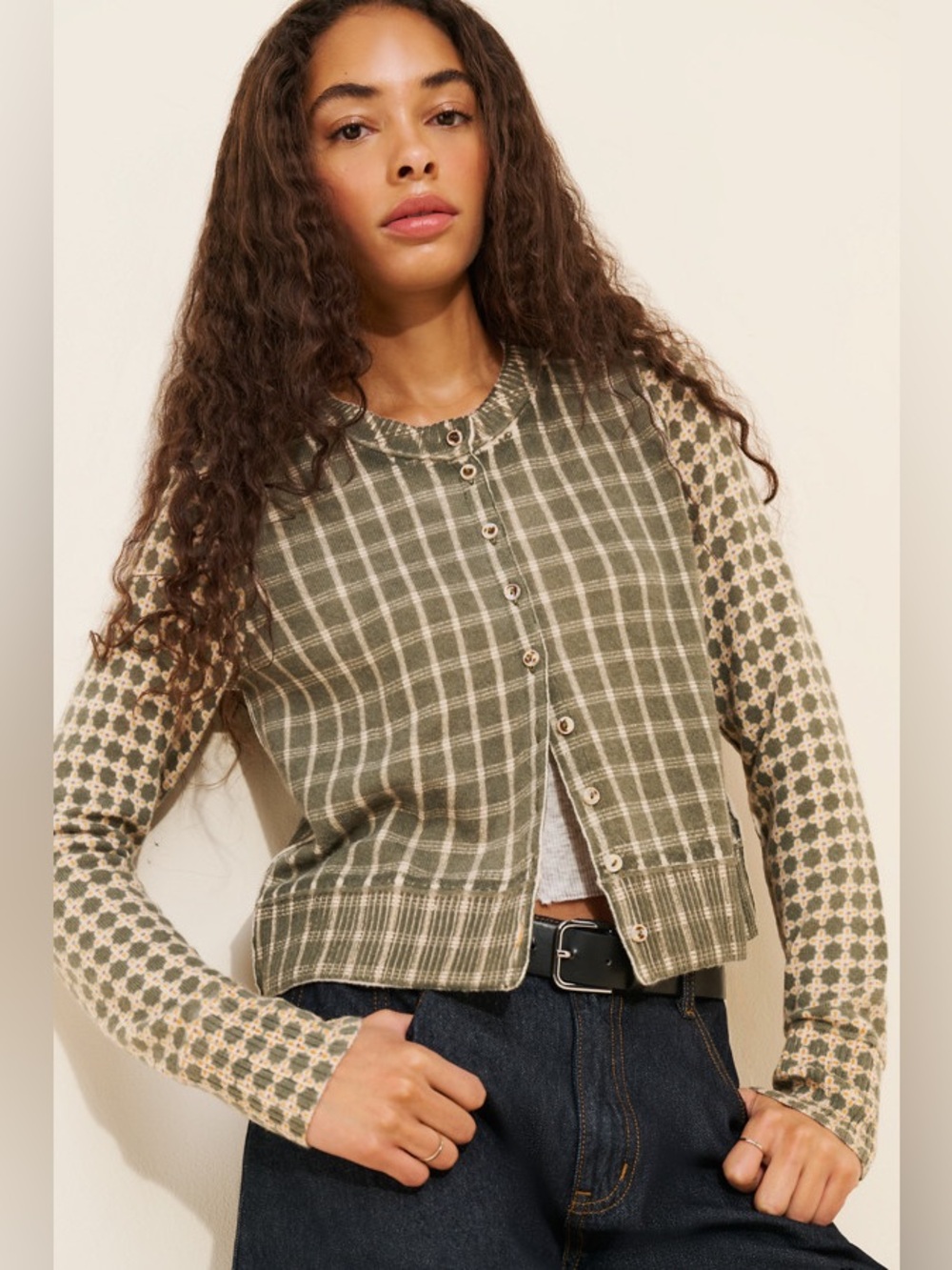 Free People Olive Green Plaid & Cream Patterned Long Sleeve Cardigan